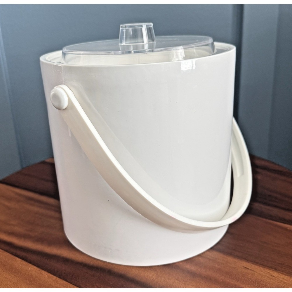 Vintage Acrylic Ice Bucket Wine Chill White Clear Lid Mid Century Modern Barware